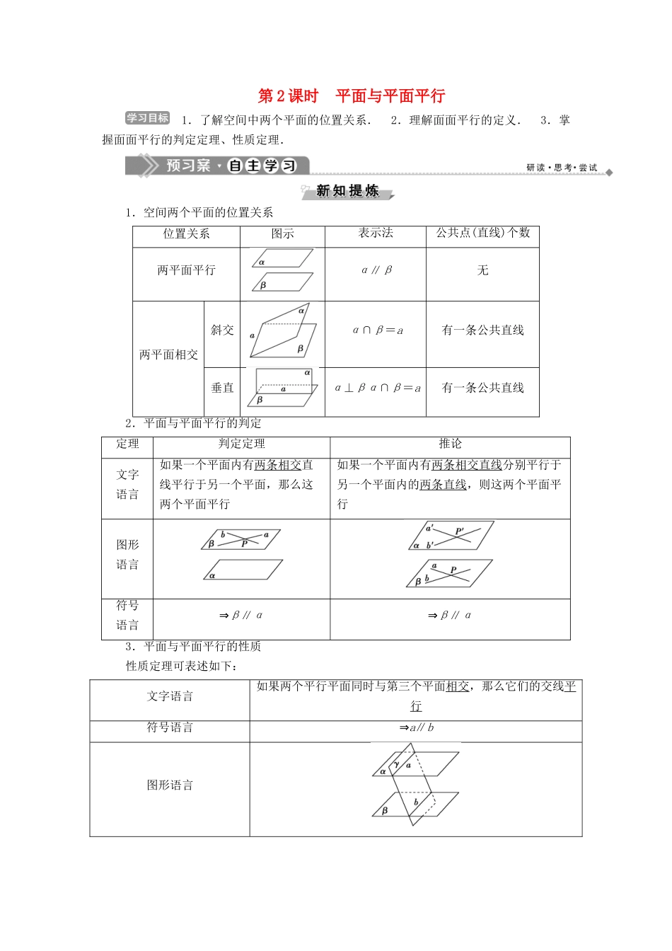 高中数学 第一章 立体几何初步 1.2.2 空间中的平行关系 第2课时 平面与平面平行学案 新人教B版必修2-新人教B版高一必修2数学学案_第1页