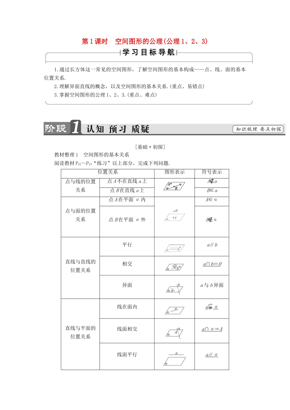 高中数学 第一章 立体几何初步 1.4 空间图形的基本关系与公理 第1课时 空间图形的公理（公理1、2、3）学案 北师大版必修2-北师大版高一必修2数学学案_第1页
