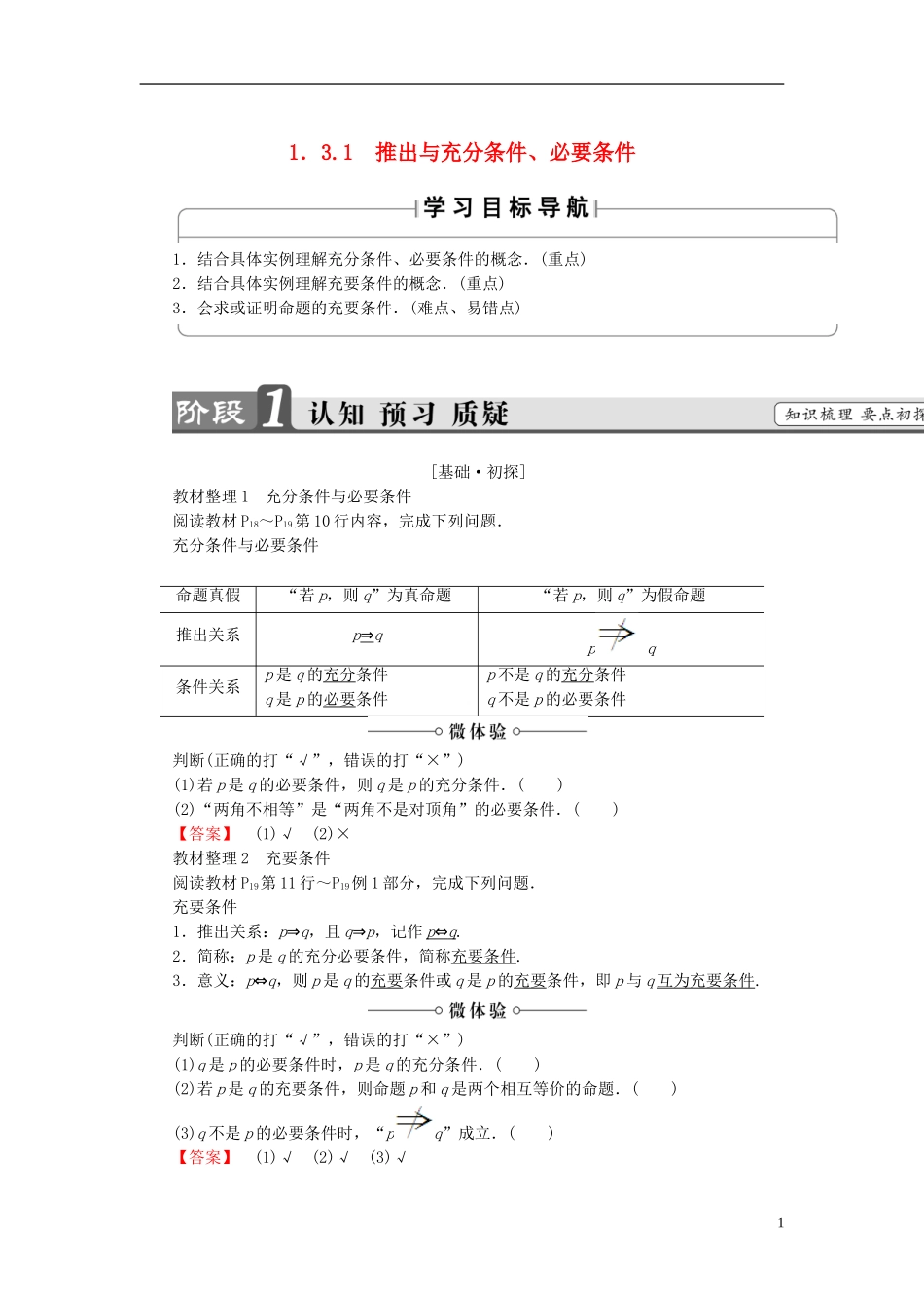 高中数学 第一章 常用逻辑用语 1.3.1 推出与充分条件、必要条件学案 新人教B版选修1-1-新人教B版高二选修1-1数学学案_第1页