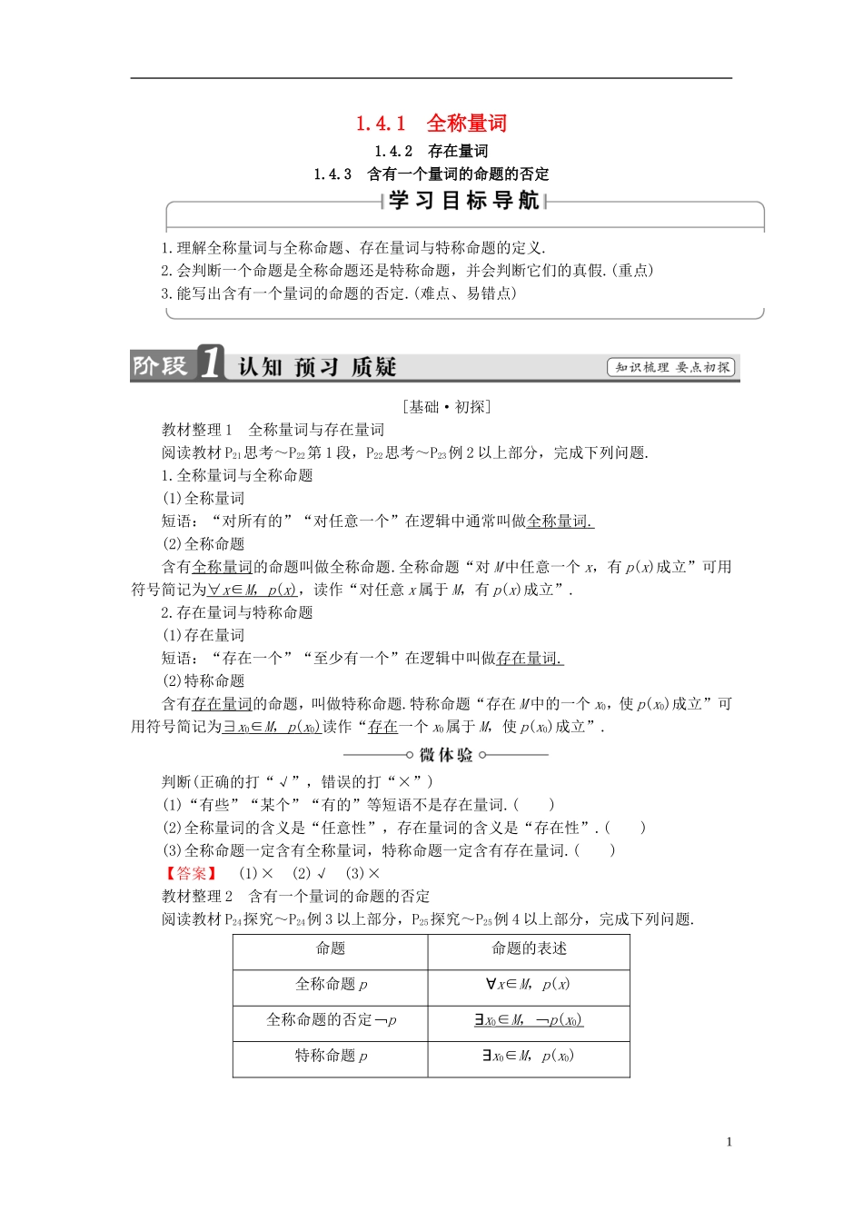 高中数学 第一章 常用逻辑用语 1.4.1 全称量词 1.4.2 存在量词 1.4.3 含有一个量词的命题的否定学案 新人教A版选修1-1-新人教A版高二选修1-1数学学案_第1页