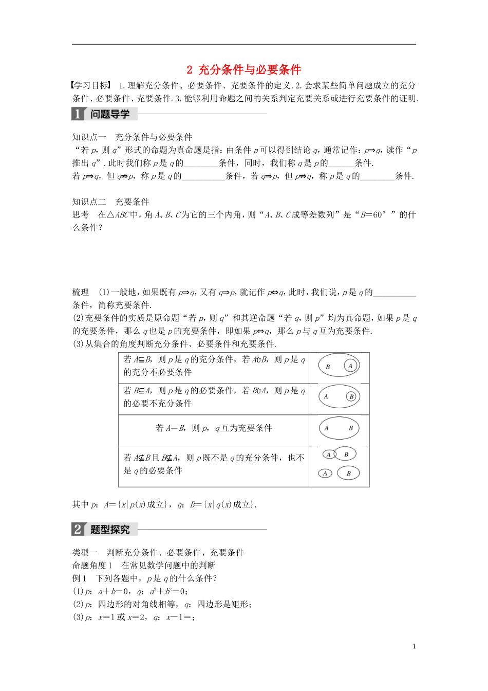 高中数学 第一章 常用逻辑用语 2 充分条件与必要条件学案 北师大版选修2-1-北师大版高二选修2-1数学学案_第1页