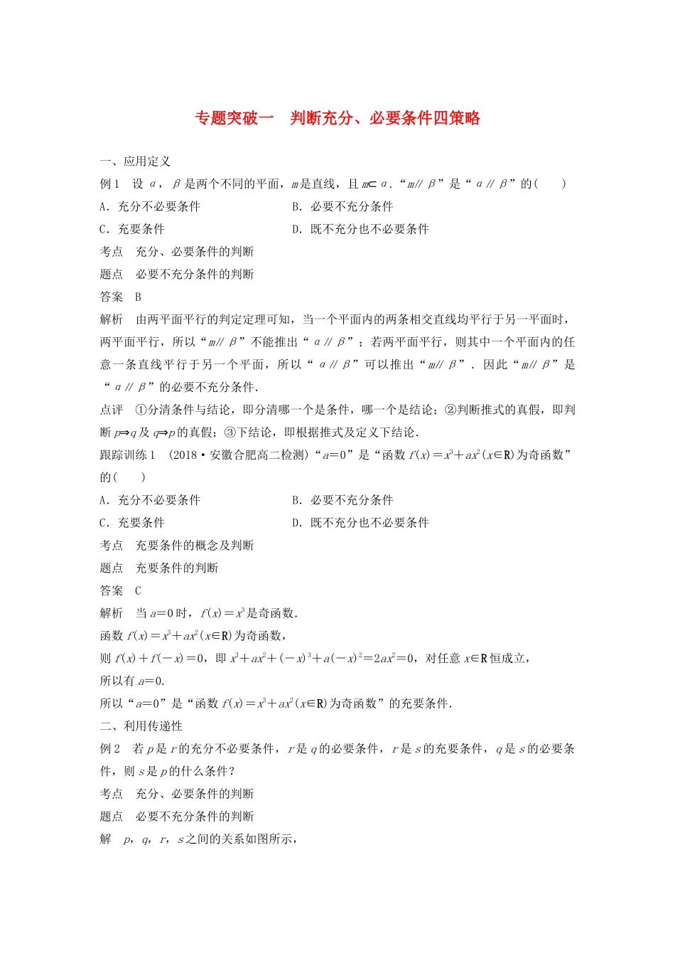高中数学 第一章 常用逻辑用语 微专题突破一 判断充分、必要条件四策略学案（含解析）新人教B版选修1-1-新人教B版高二选修1-1数学学案_第1页