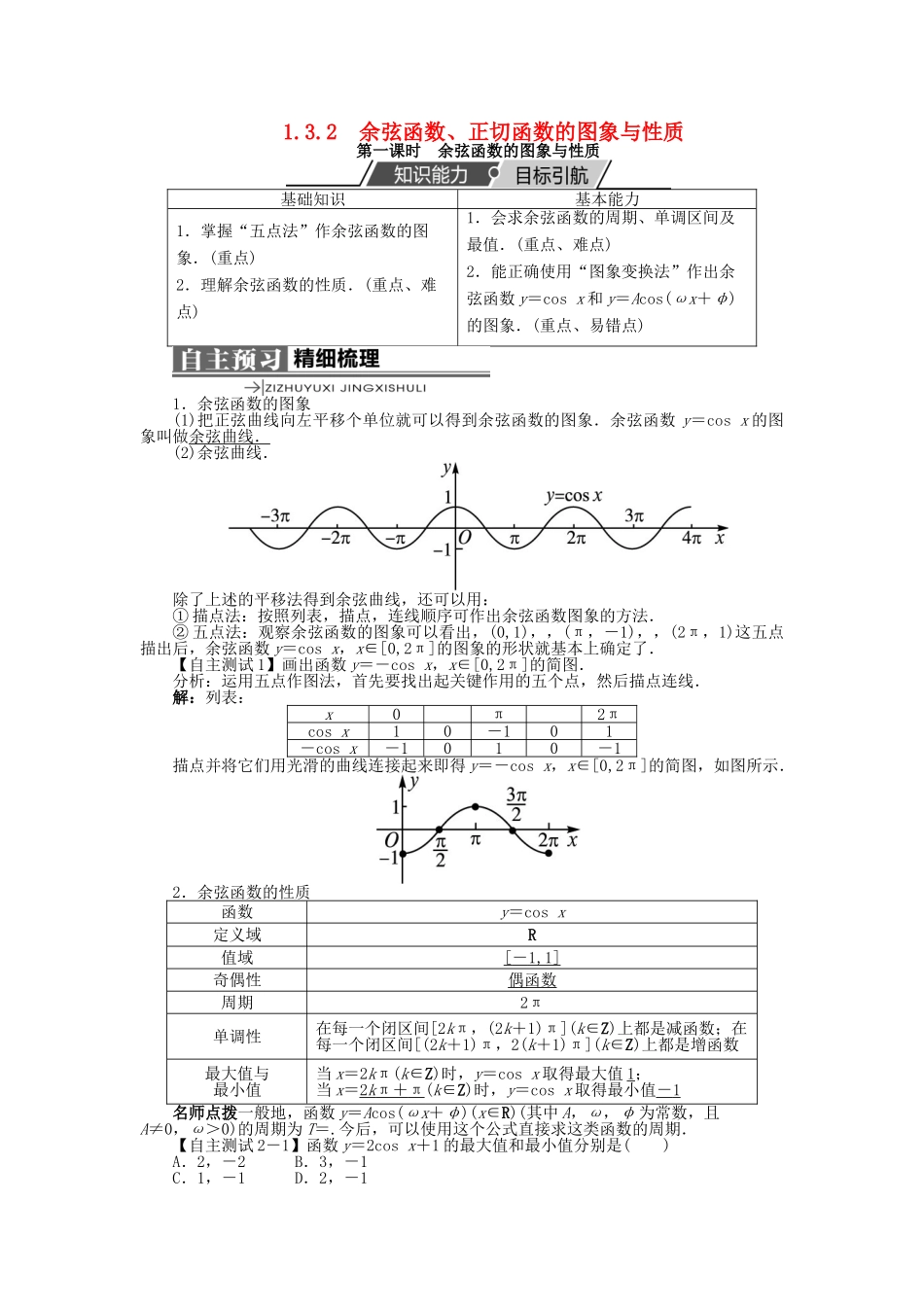 高中数学 第一章 基本初等函数（II）1.3 三角函数的图象与性质 1.3.2 余弦函数、正切函数的图象与性质（第1课时）学案 新人教B版必修4-新人教B版高一必修4数学学案_第1页