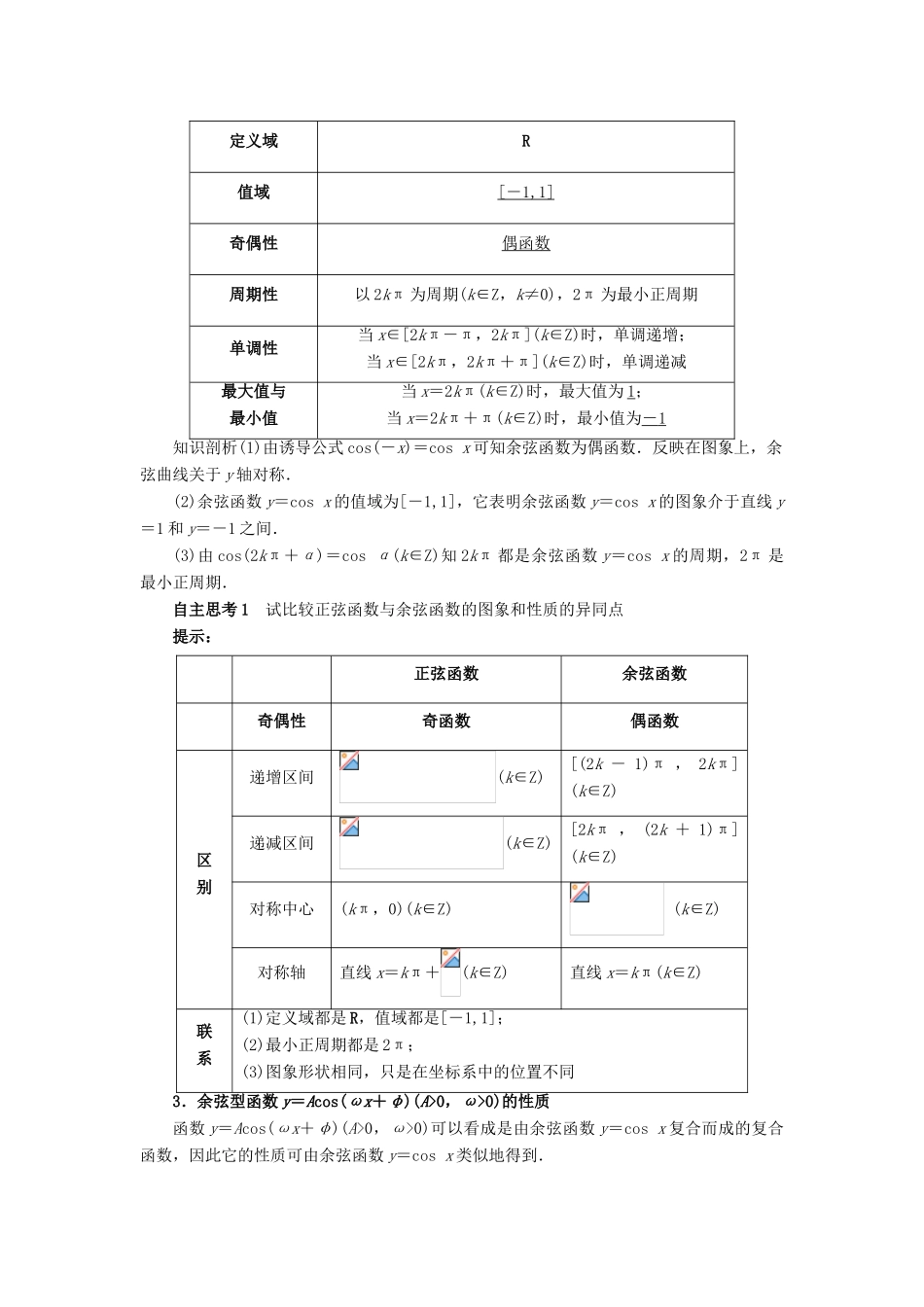 高中数学 第一章 基本初等函数（II）1.3 三角函数的图象与性质 1.3.2 余弦函数、正切函数的图象与性质（第1课时）预习导航学案 新人教B版必修4-新人教B版高一必修4数学学案_第2页