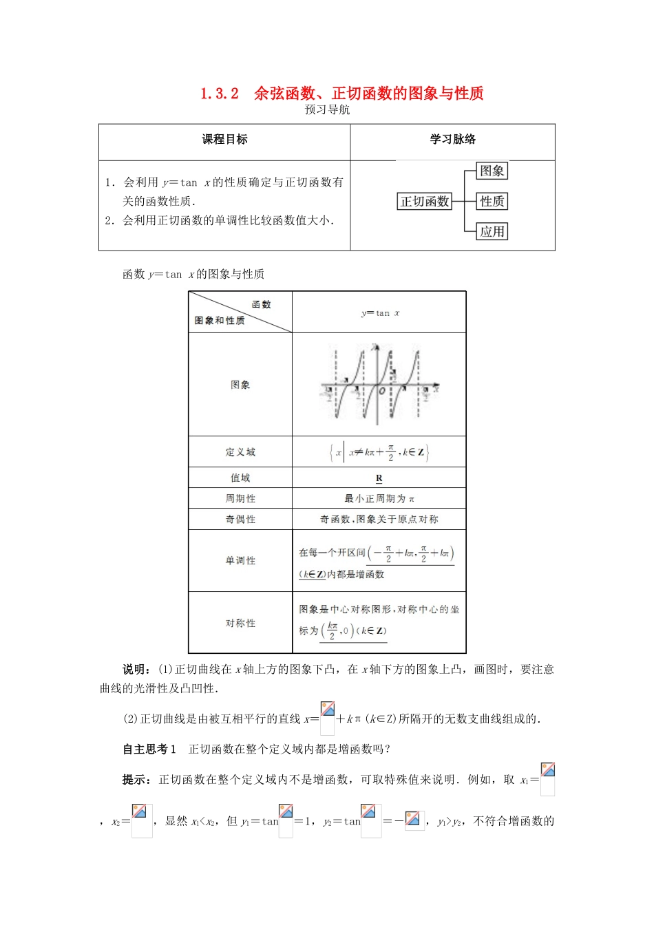 高中数学 第一章 基本初等函数（II）1.3 三角函数的图象与性质 1.3.2 余弦函数、正切函数的图象与性质（第2课时）预习导航学案 新人教B版必修4-新人教B版高一必修4数学学案_第1页