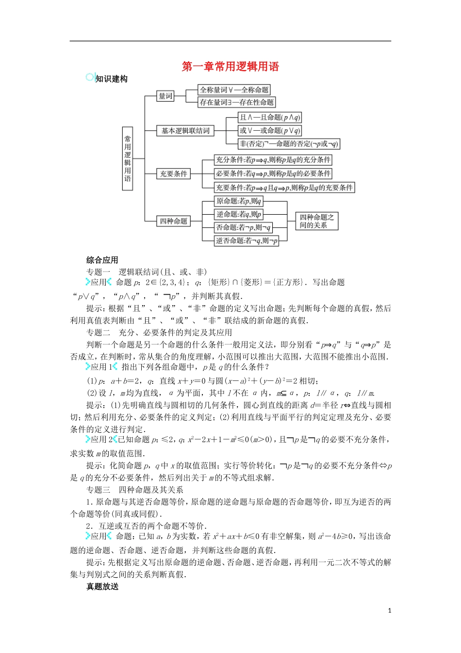 高中数学 第一章 常用逻辑用语学案 新人教B版选修1-1-新人教B版高二选修1-1数学学案_第1页