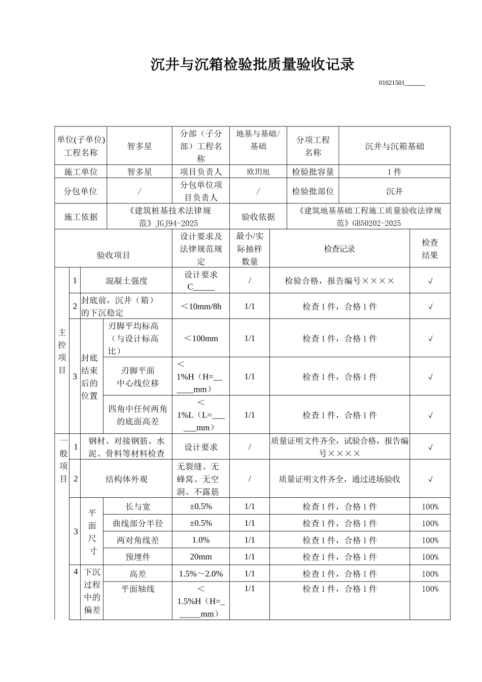 沉井与沉箱检验批质量验收记录_第1页