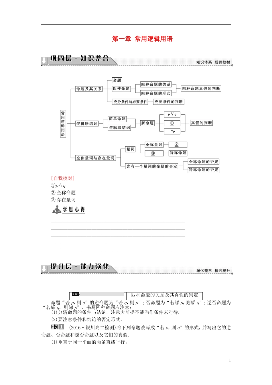 高中数学 第一章 常用逻辑用语章末分层突破学案 新人教B版选修2-1-新人教B版高二选修2-1数学学案_第1页