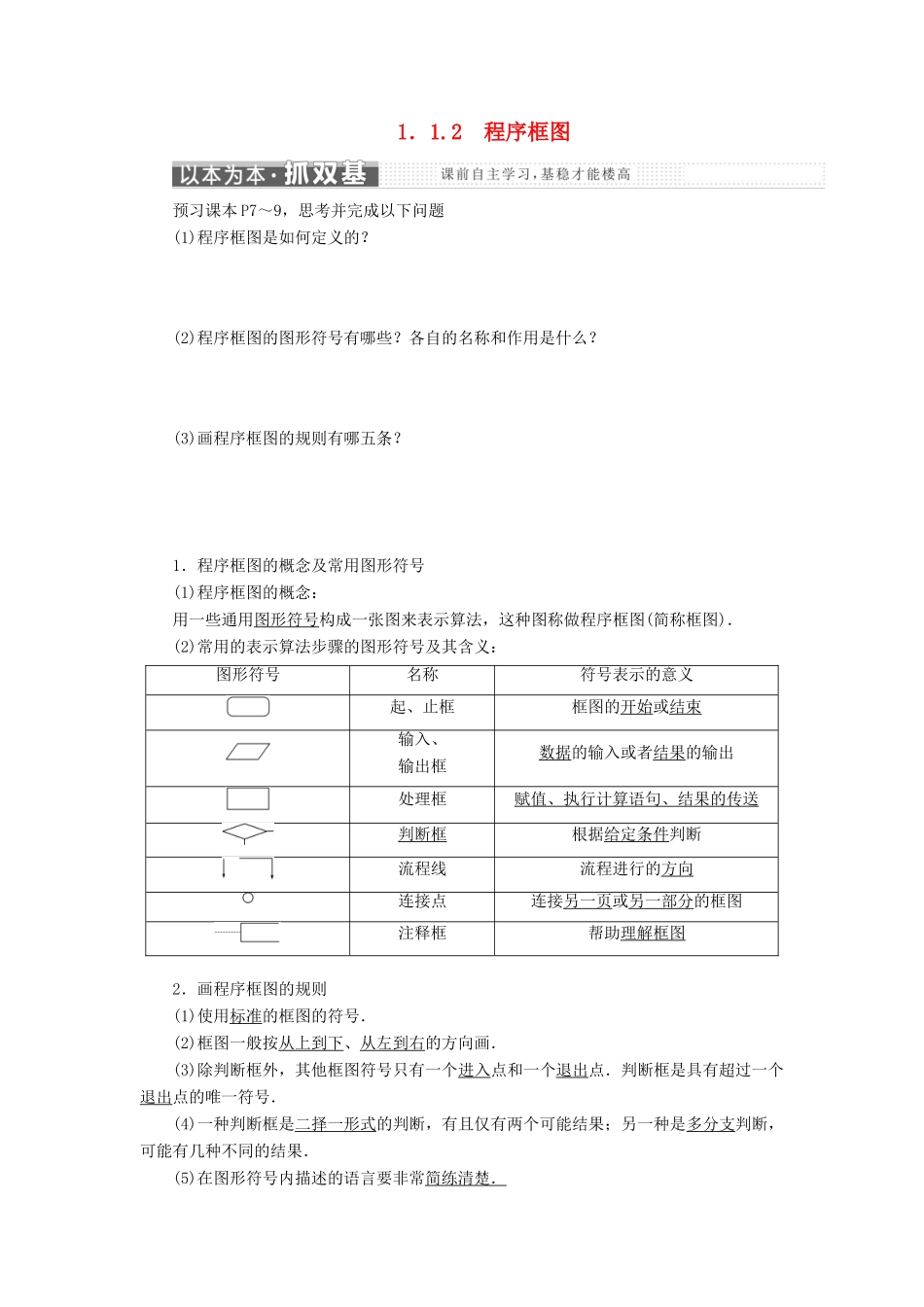 高中数学 第一章 算法初步 1.1 算法与程序框图 1.1.2 程序框图教学案 新人教B版必修3-新人教B版高一必修3数学教学案_第1页