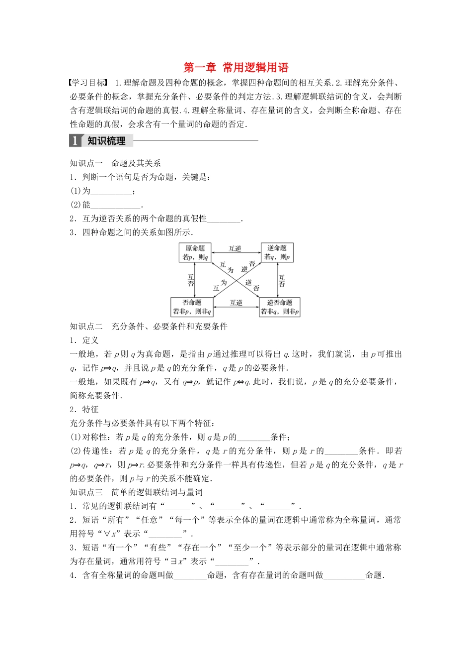 高中数学 第一章 常用逻辑用语章末复习课学案 新人教B版选修2-1-新人教B版高二选修2-1数学学案_第1页