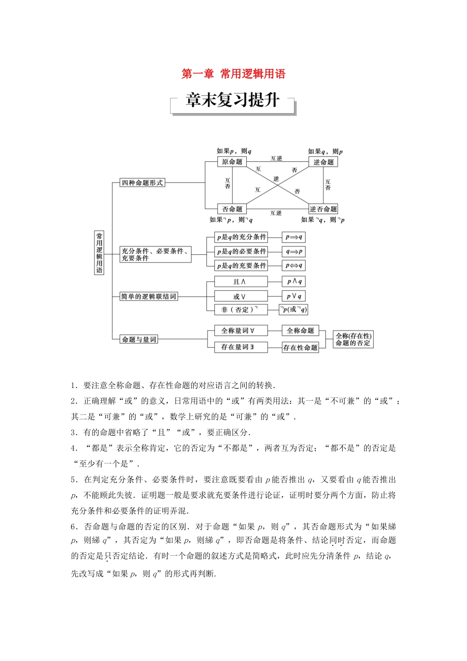 高中数学 第一章 常用逻辑用语章末复习提升教学案 新人教B版选修1-1-新人教B版高二选修1-1数学教学案_第1页
