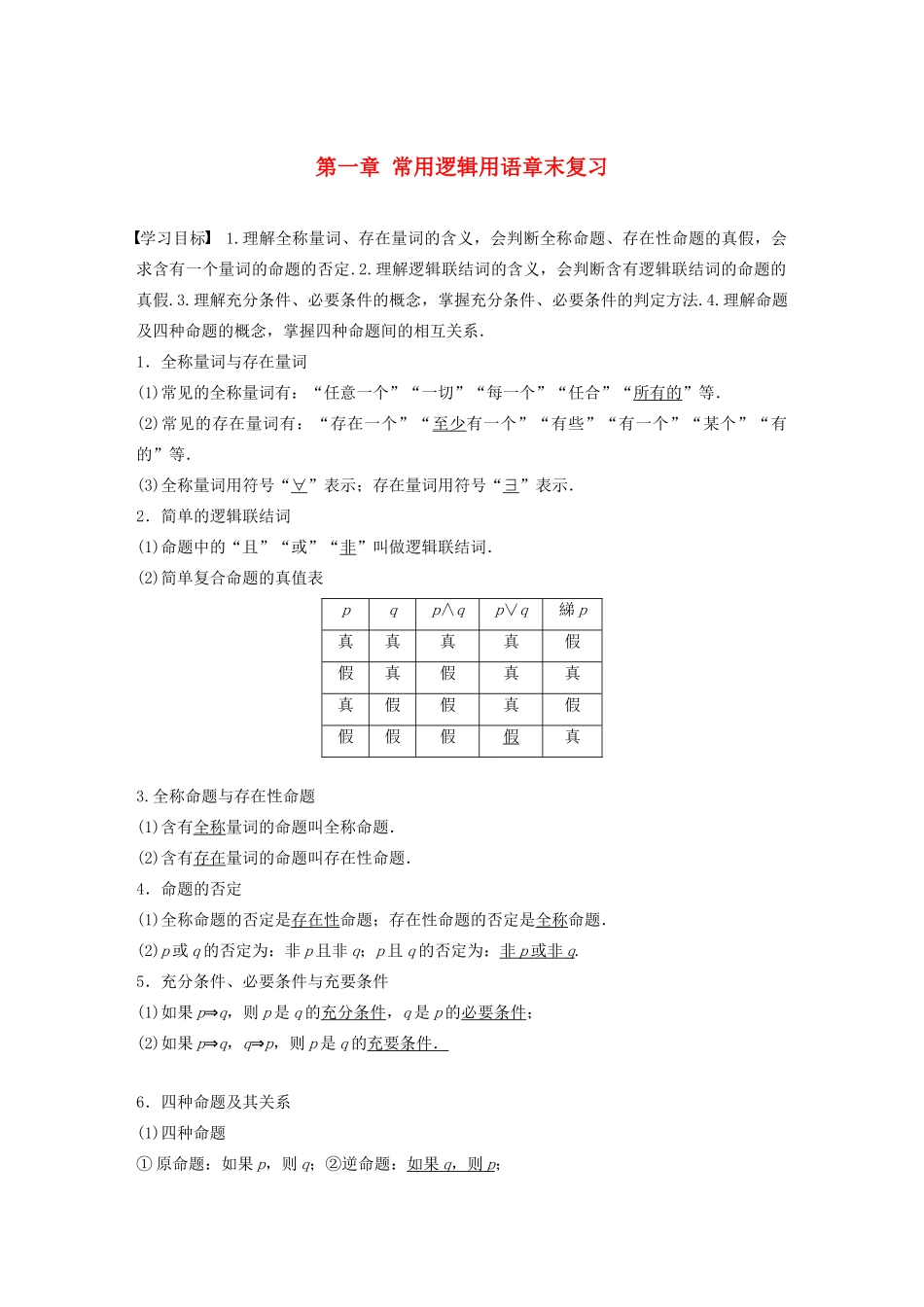 高中数学 第一章 常用逻辑用语章末复习学案（含解析）新人教B版选修2-1-新人教B版高二选修2-1数学学案_第1页