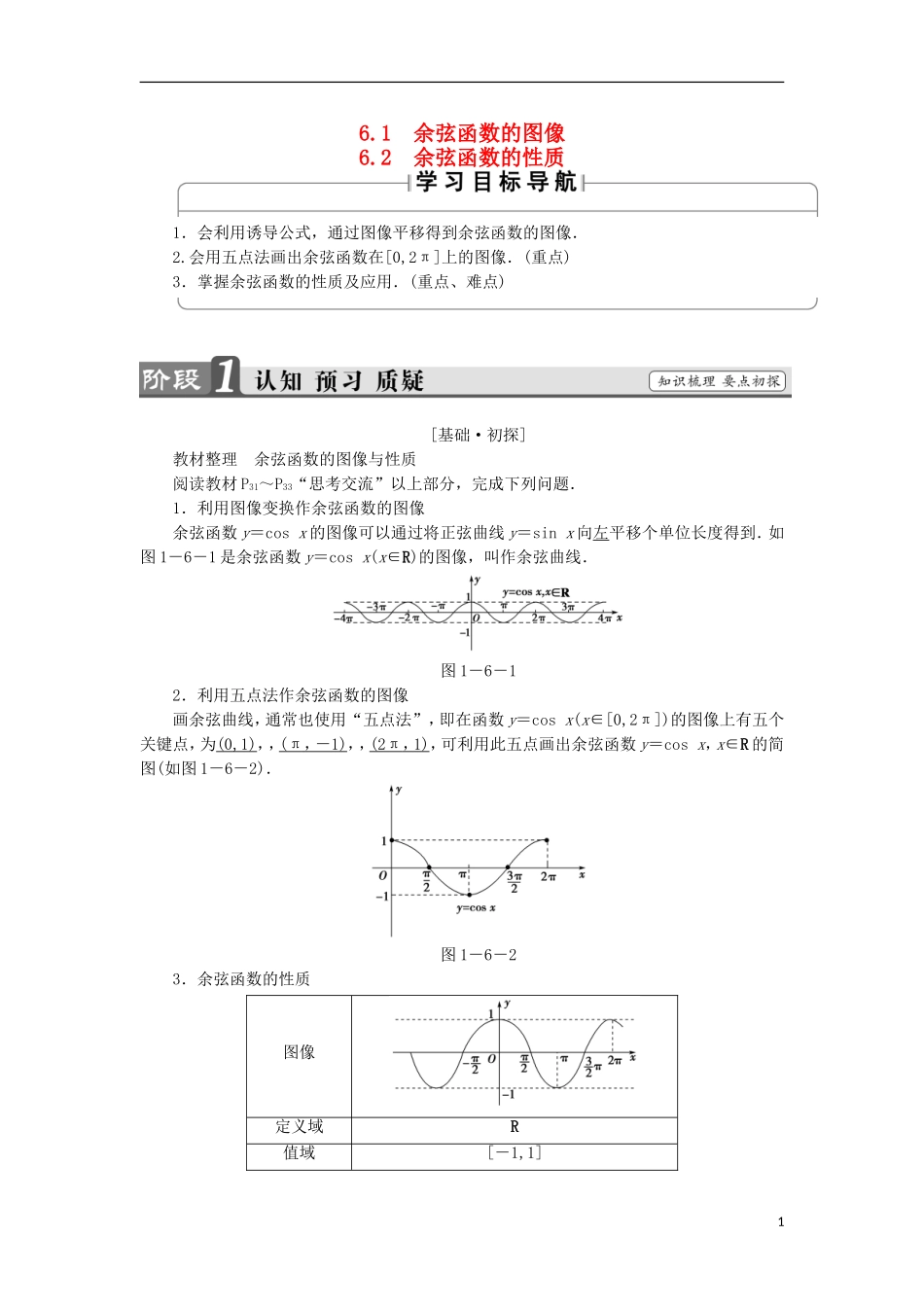 高中数学 第一章 三角函数 1.6 余弦函数的图像与性质学案 北师大版必修4-北师大版高中必修4数学学案_第1页