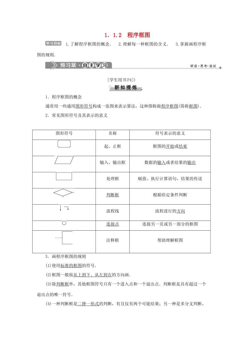 高中数学 第一章 算法初步 1.1.2 程序框图学案 新人教B版必修3-新人教B版高一必修3数学学案_第1页