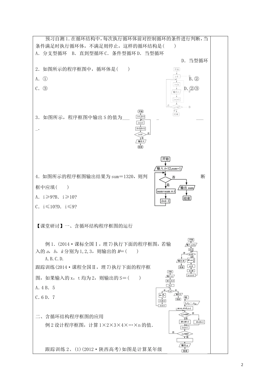 高中数学 第一章 算法初步 1.1.2 程序框图与算法的基本逻辑结构 第3课时 循环结构、程序框图的画法学案 新人教A版必修3-新人教A版高二必修3数学学案_第2页