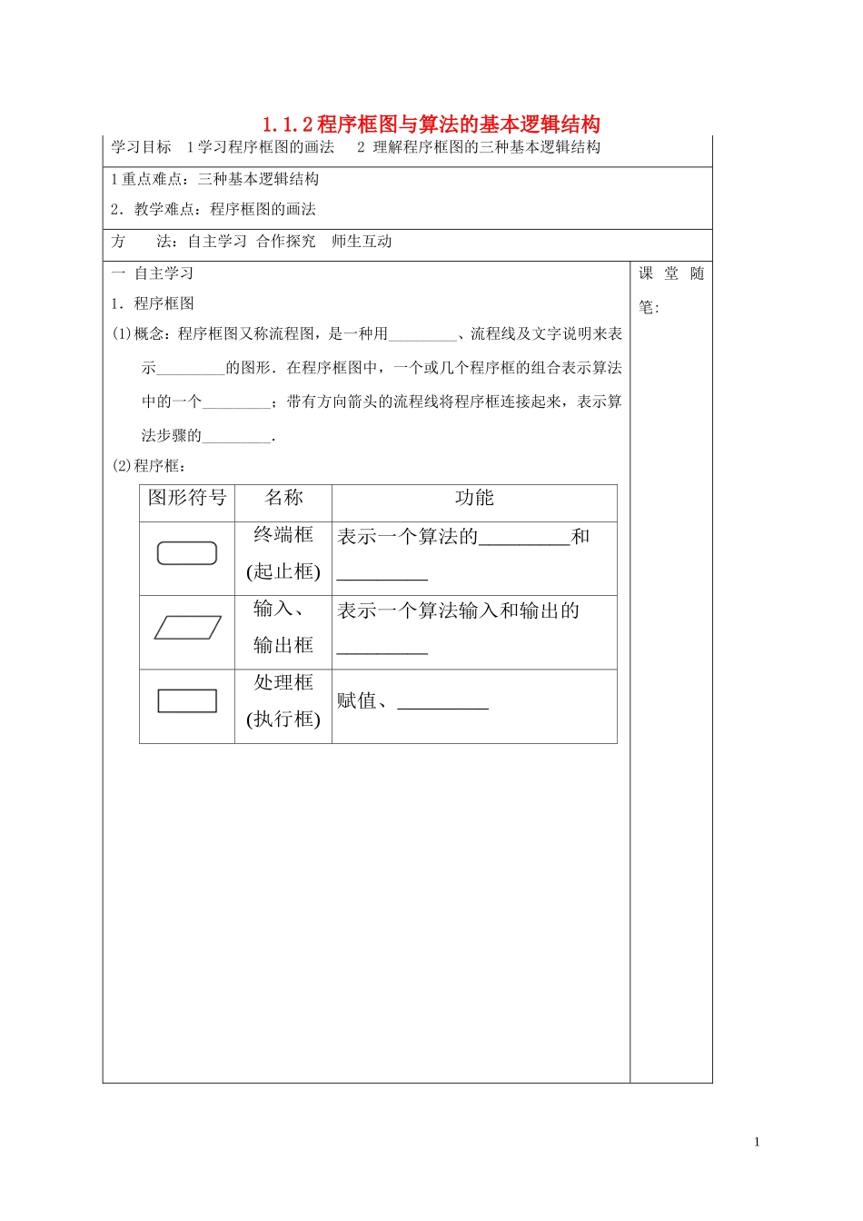 高中数学 第一章 算法初步 1.1.2 程序框图与算法的基本逻辑结构学案 新人教A版必修3-新人教A版高二必修3数学学案_第1页