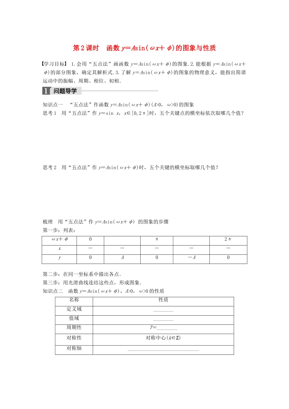 高中数学 第一章 三角函数 1.3.3 第2课时 函数y＝Asin（ωx＋φ）的图象与性质学案 苏教版必修4-苏教版高一必修4数学学案_第1页