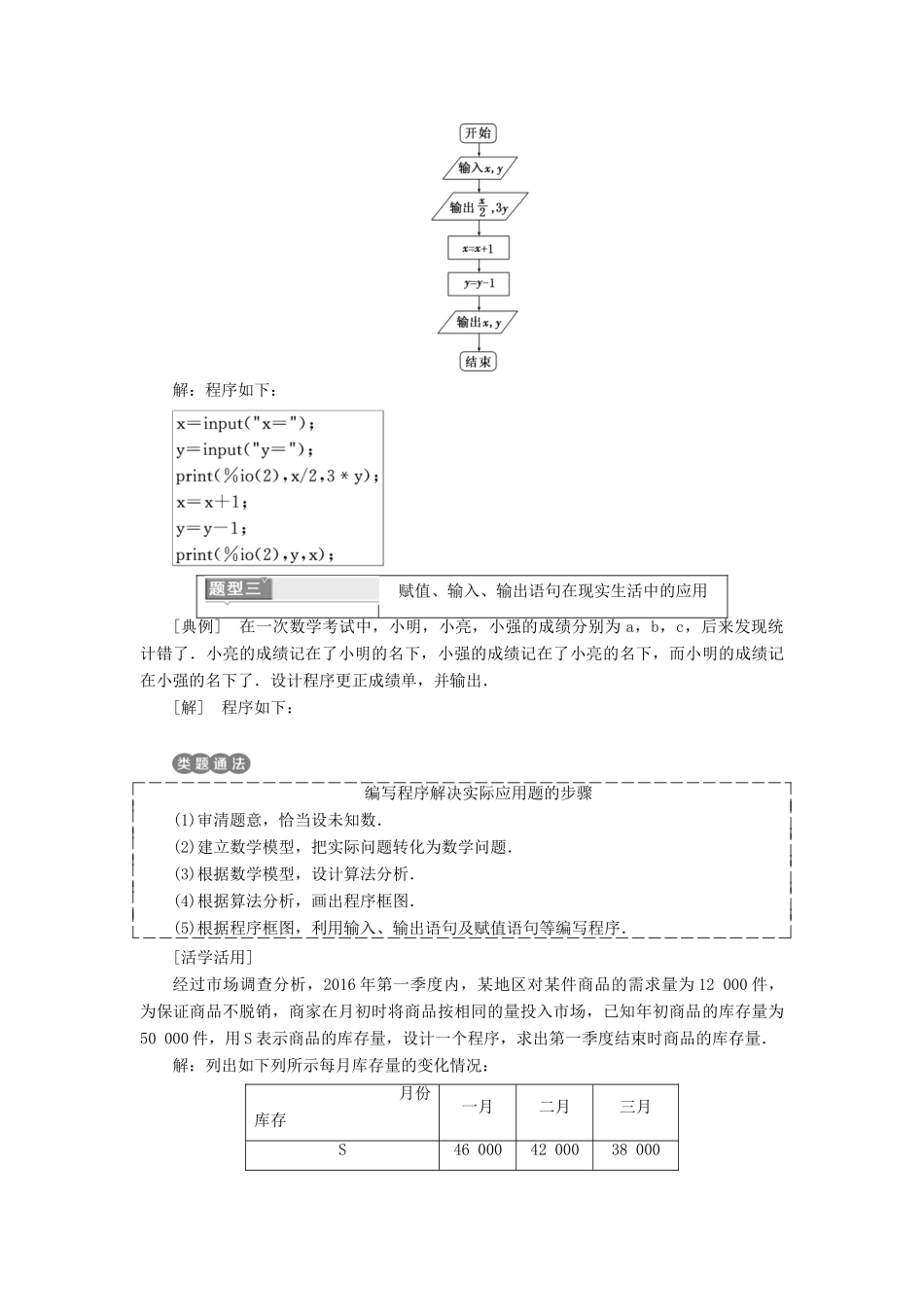 高中数学 第一章 算法初步 1.2 基本算法语句 1.2.1 赋值、输入和输出语句教学案 新人教B版必修3-新人教B版高一必修3数学教学案_第3页