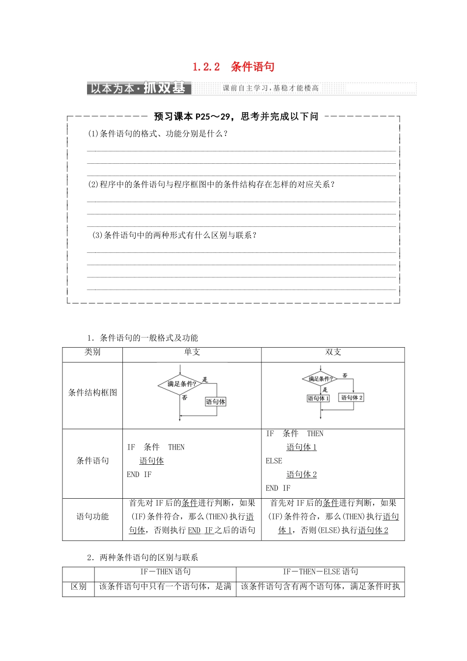 高中数学 第一章 算法初步 1.2 基本算法语句 1.2.2 条件语句教学案 新人教A版必修3-新人教A版高一必修3数学教学案_第1页