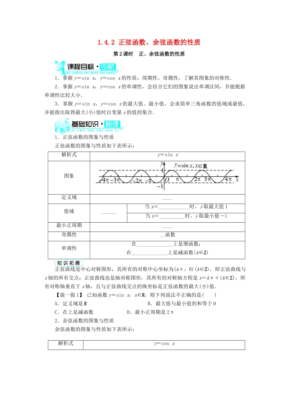 高中数学 第一章 三角函数 1.4 三角函数的图象与性质 1.4.2 正弦函数、余弦函数的性质（第2课时）导学案 新人教A版必修4-新人教A版高一必修4数学学案_第1页