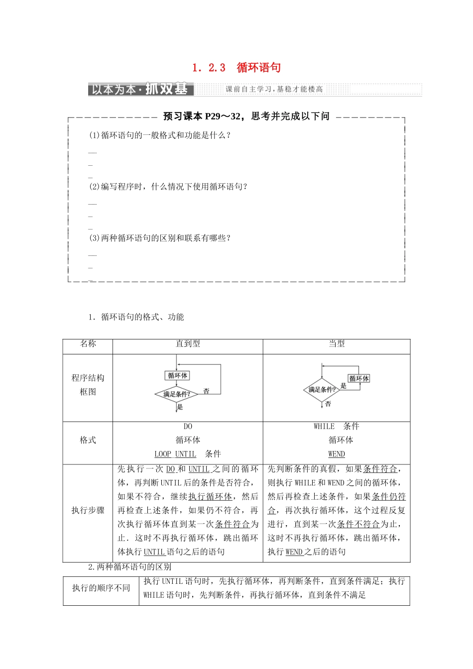 高中数学 第一章 算法初步 1.2 基本算法语句 1.2.3 循环语句教学案 新人教A版必修3-新人教A版高一必修3数学教学案_第1页