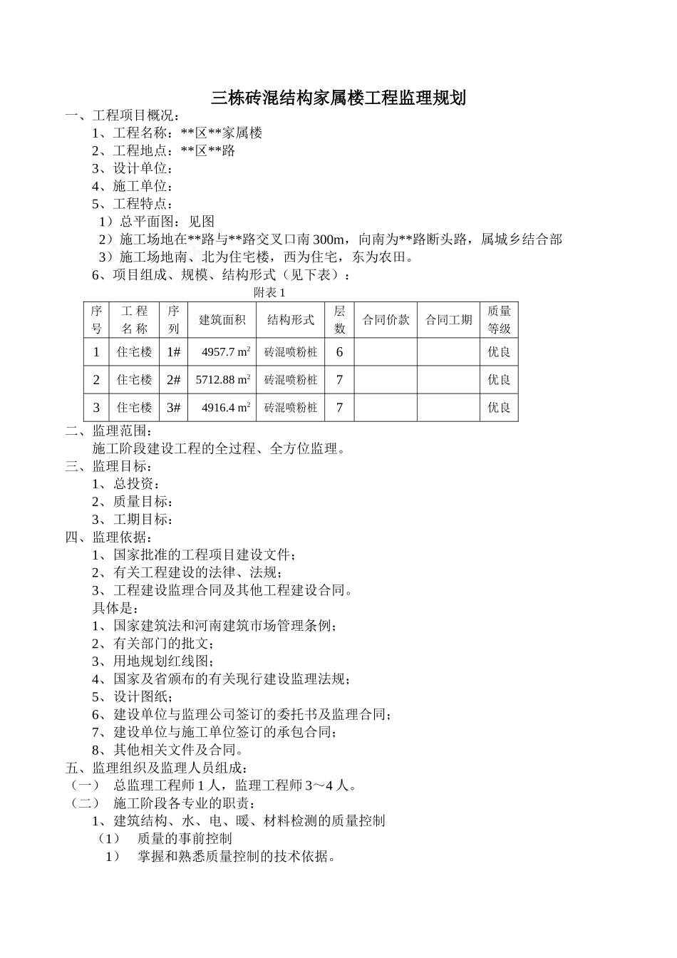 河南省郑州市某砖混结构家属楼工程监理规划_第1页