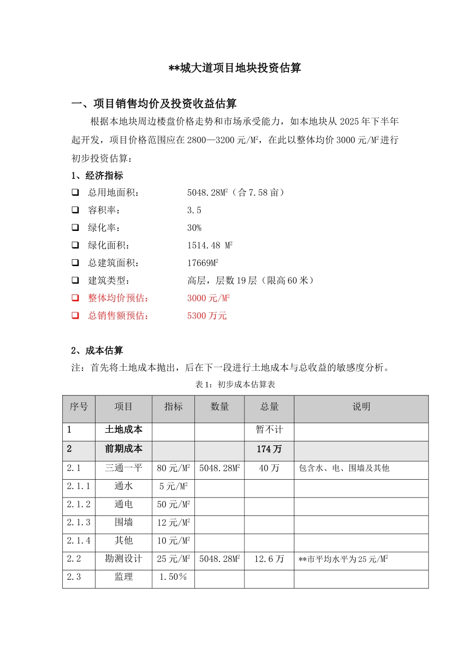 河南许昌某房地产项目地块投资估算_第1页