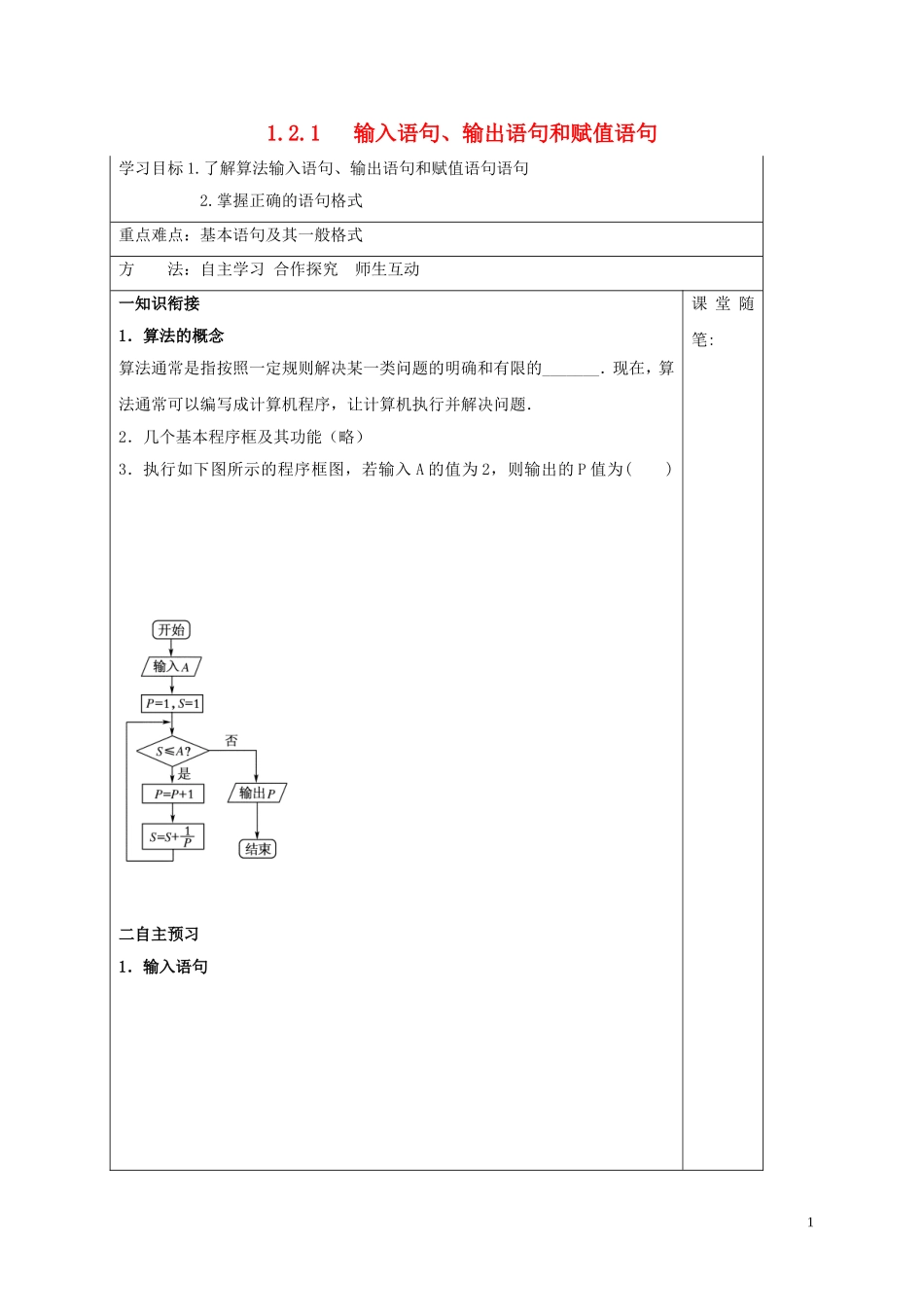 高中数学 第一章 算法初步 1.2.1 输入语句、输出语句和赋值语句学案 新人教A版必修3-新人教A版高二必修3数学学案_第1页