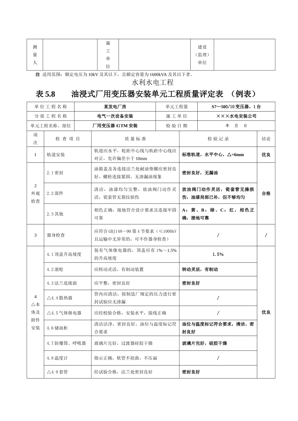 油浸式厂用变压器安装单元工程质量评定表_第3页