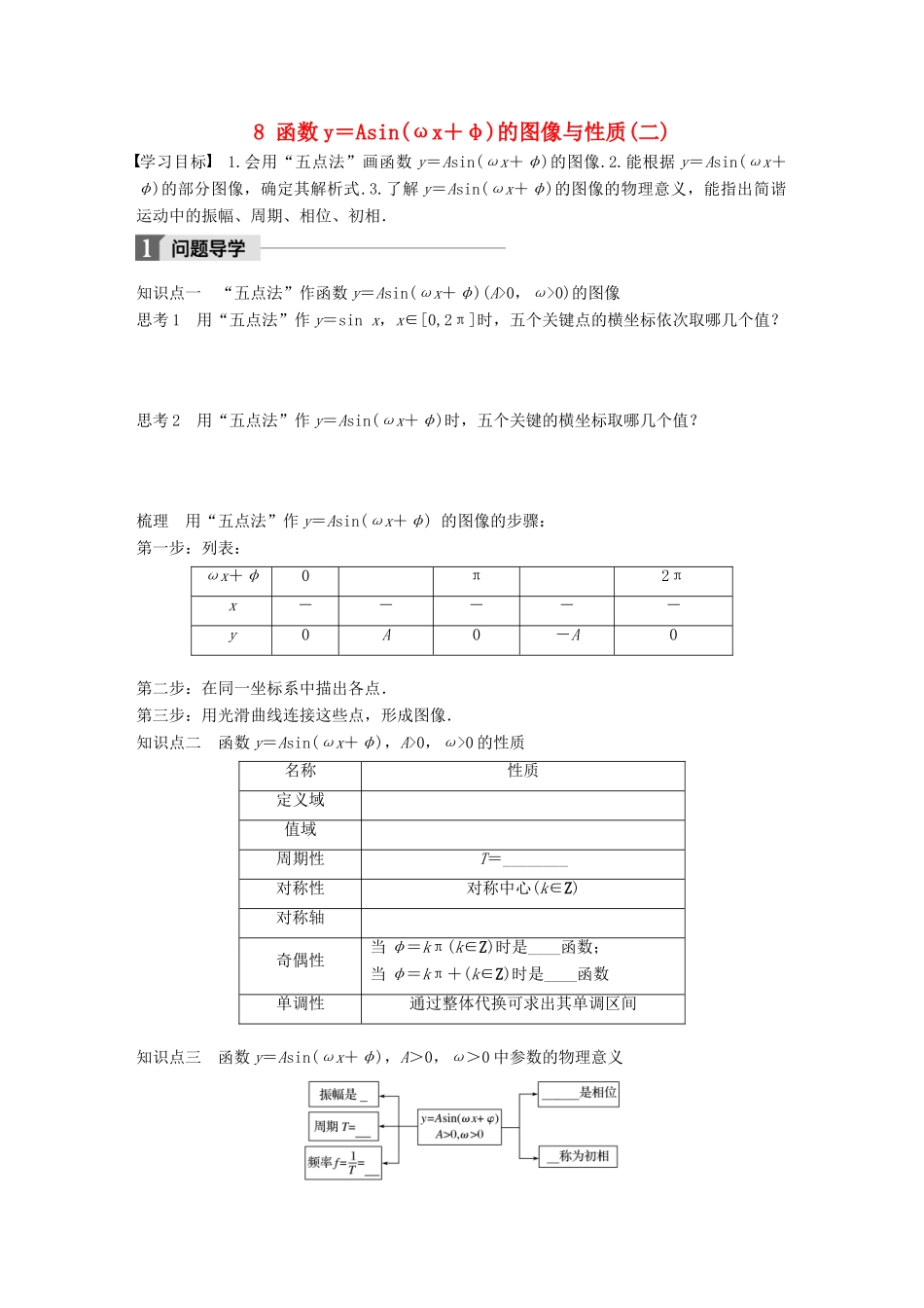 高中数学 第一章 三角函数 8 函数y＝Asin(ωx＋φ)的图像与性质(二)学案 北师大版必修4-北师大版高一必修4数学学案_第1页