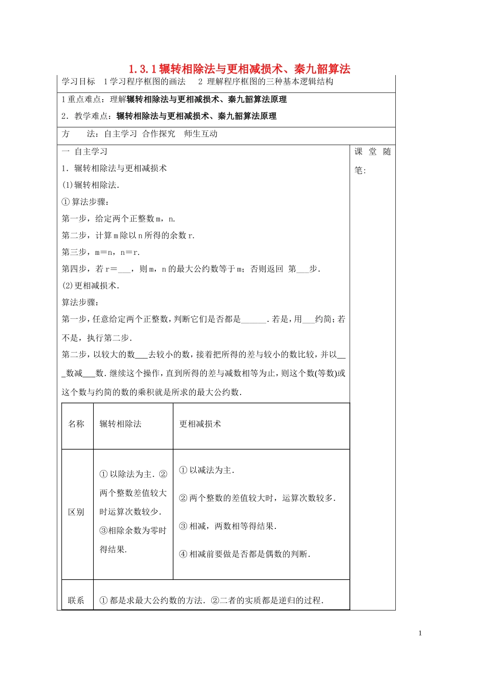高中数学 第一章 算法初步 1.3.1 辗转相除法与更相减损术、秦九韶算法学案 新人教A版必修3-新人教A版高二必修3数学学案_第1页