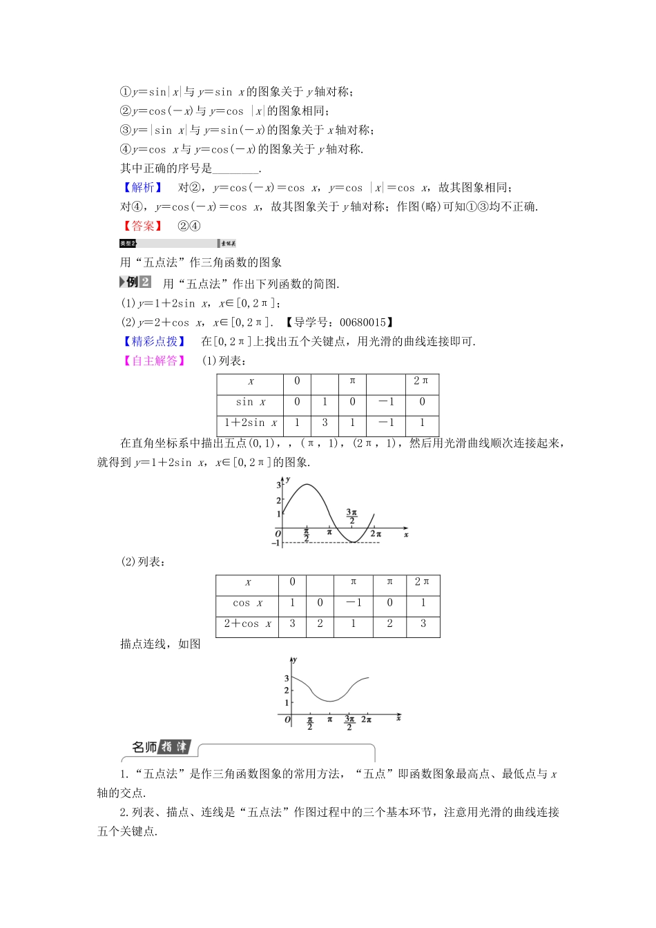 高中数学 第一章 三角函数 1.4.1 正弦函数、余弦函数的图象学案 新人教A版必修4-新人教A版高一必修4数学学案_第3页