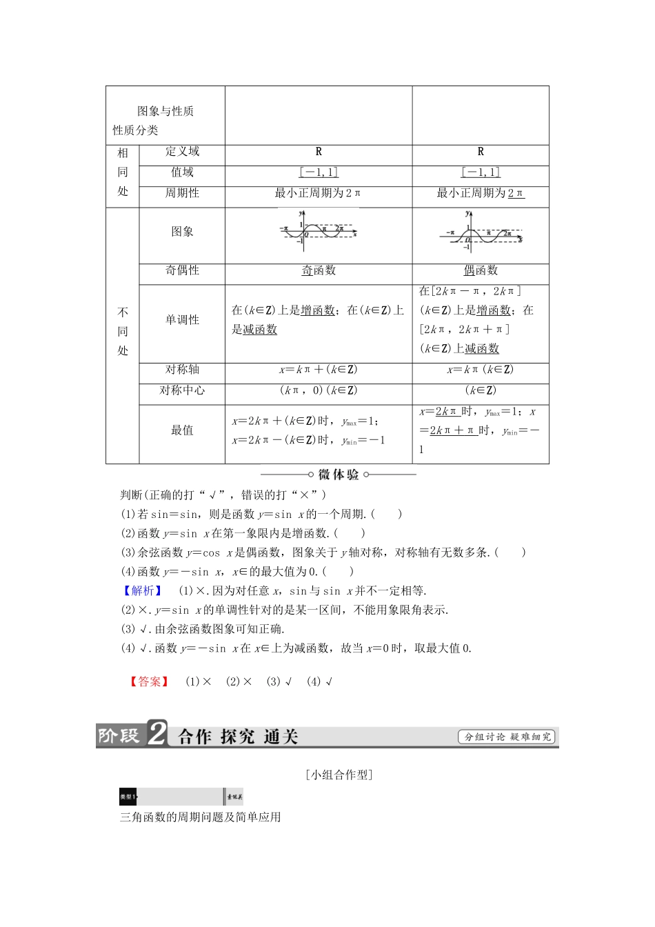高中数学 第一章 三角函数 1.4.2 正弦函数、余弦函数的性质学案 新人教A版必修4-新人教A版高一必修4数学学案_第2页