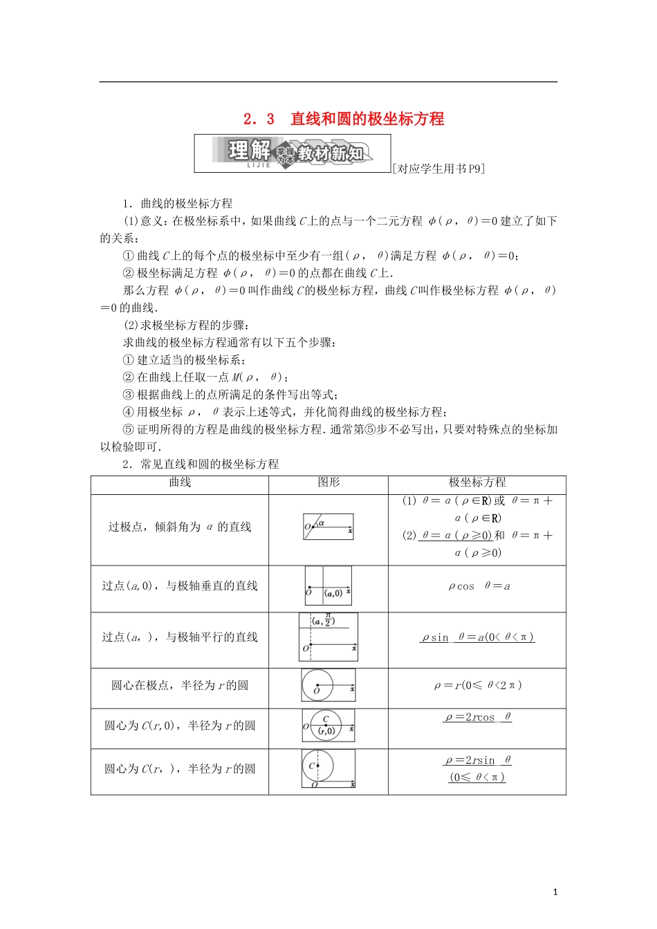 高中数学 第一章 坐标系 2.3 直线和圆的极坐标方程学案 北师大版选修4-4-北师大版高二选修4-4数学学案_第1页