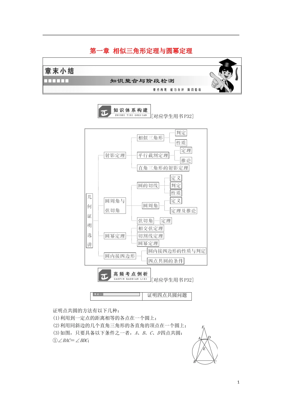 高中数学 第一章 相似三角形定理与圆幂定理章末小结学案 新人教B版选修4-1-新人教B版高二选修4-1数学学案_第1页