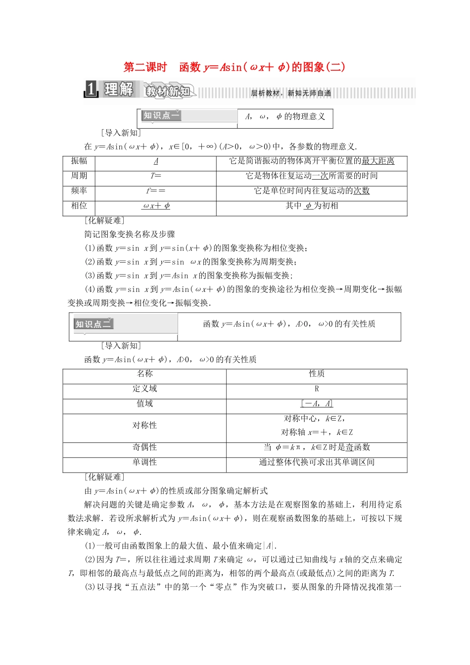 高中数学 第一章 三角函数 1.5 函数y＝Asin（ωx＋φ）的图象（二）学案（含解析）新人教A版必修4-新人教A版高一必修4数学学案_第1页