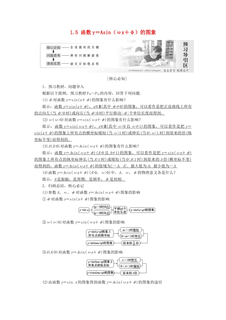 高中数学 第一章 三角函数 1.5 函数y＝Asin（ωx＋φ）的图象教学案 新人教A版必修4-新人教A版高一必修4数学教学案_第1页