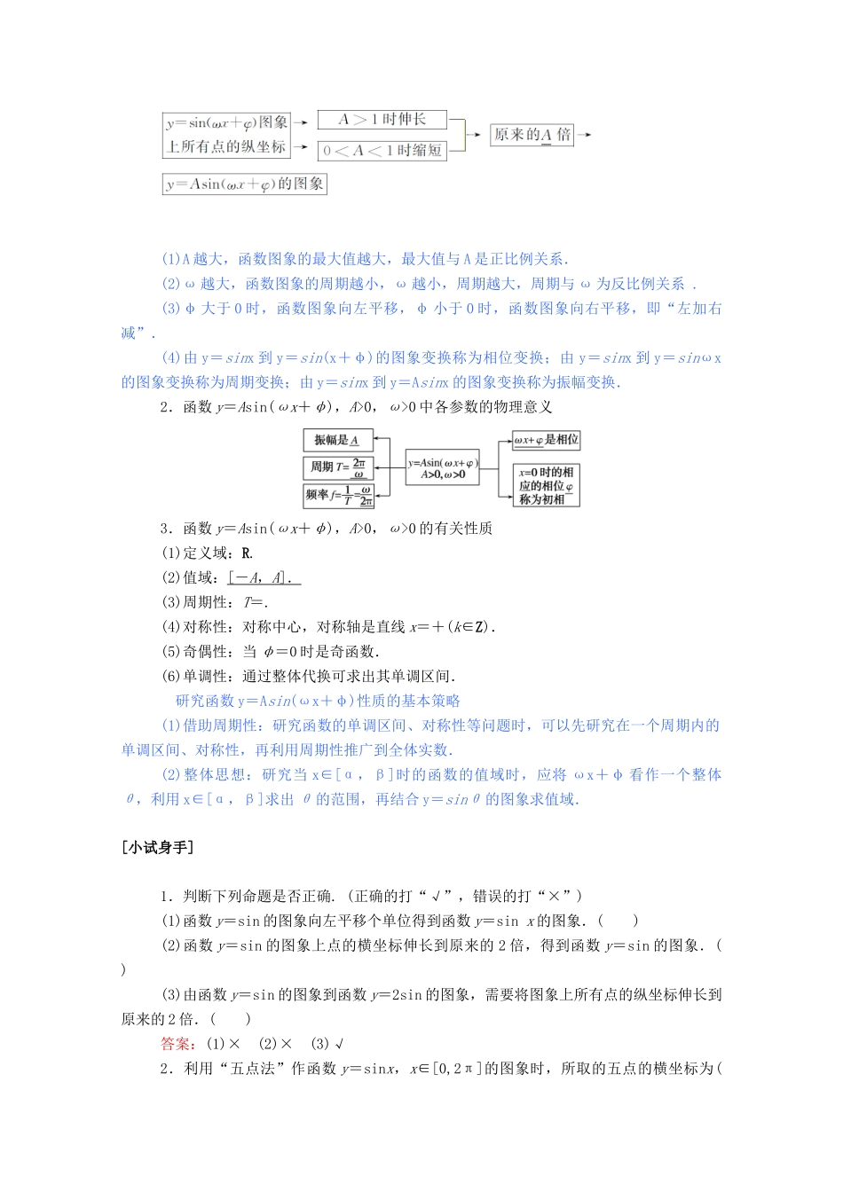高中数学 第一章 三角函数 1.5 函数y＝Asin（ωx＋φ）的图象学案（含解析）新人教A版必修4-新人教A版高一必修4数学学案_第2页