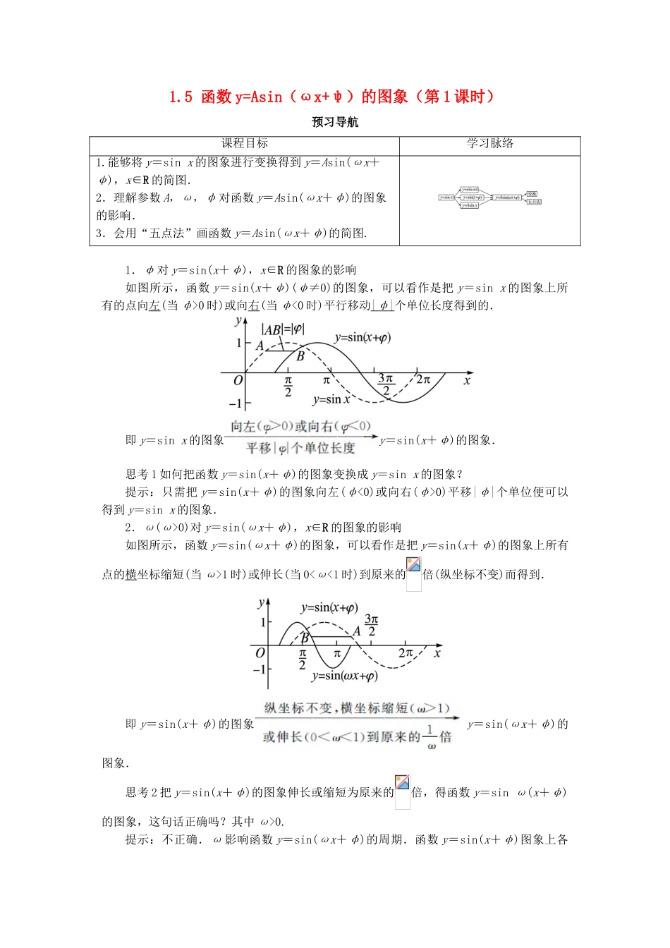 高中数学 第一章 三角函数 1.5 函数yAsin（ωxψ）的图象（第1课时）预习导航学案 新人教A版必修4-新人教A版高一必修4数学学案_第1页