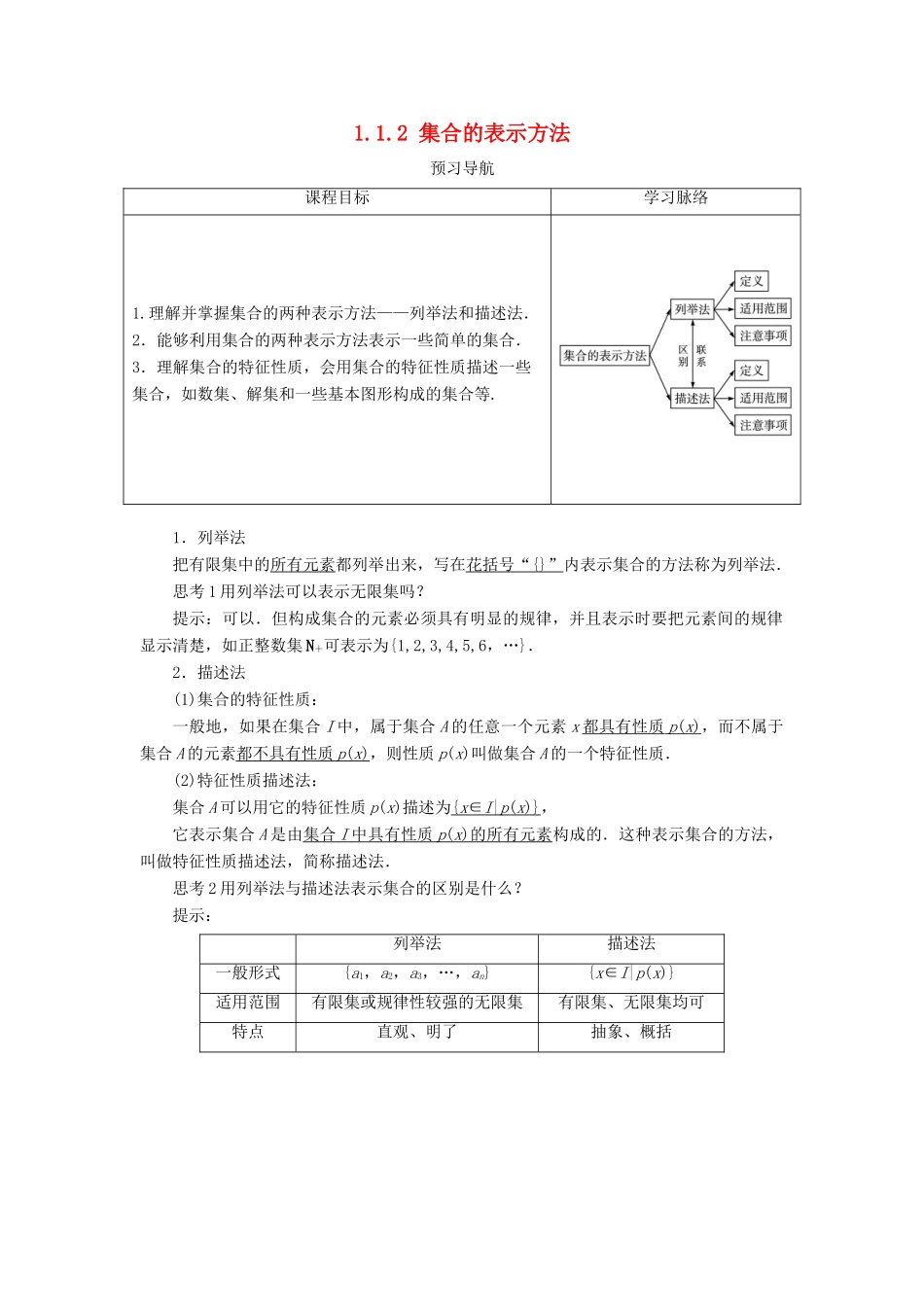 高中数学 第一章 集合 1.1 集合与集合的表示方法 1.1.2 集合的表示方法学案 新人教B版必修1-新人教B版高一必修1数学学案_第1页