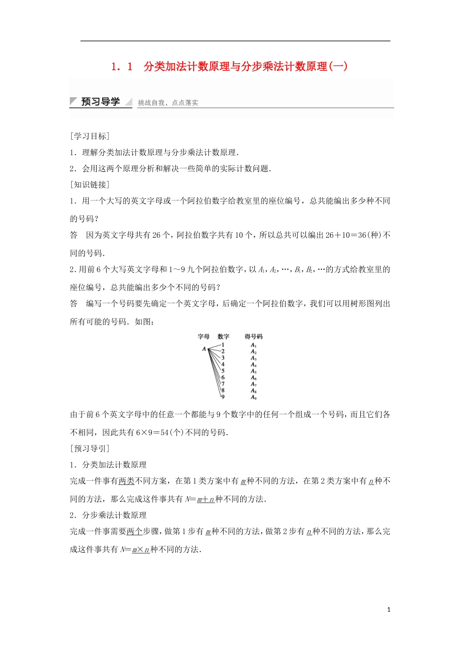 高中数学 第一章 计数原理 1.1 分类加法计数原理与分步乘法计数原理（1）学案 新人教A版选修2-3-新人教A版高二选修2-3数学学案_第1页