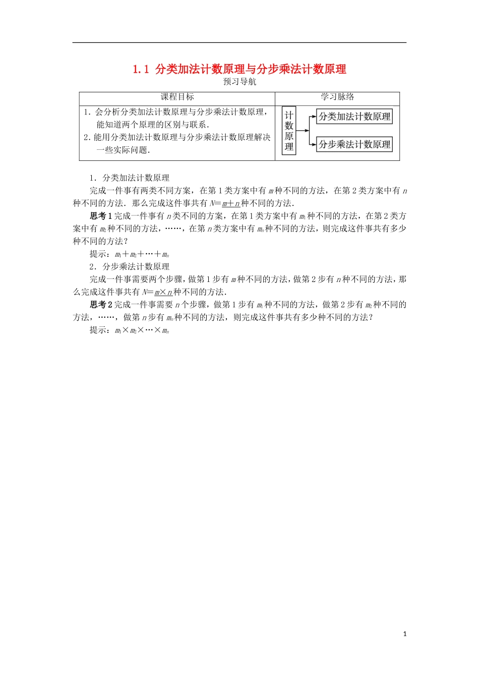高中数学 第一章 计数原理 1.1 分类加法计数原理与分步乘法计数原理预习导航学案 新人教A版选修2-3-新人教A版高二选修2-3数学学案_第1页