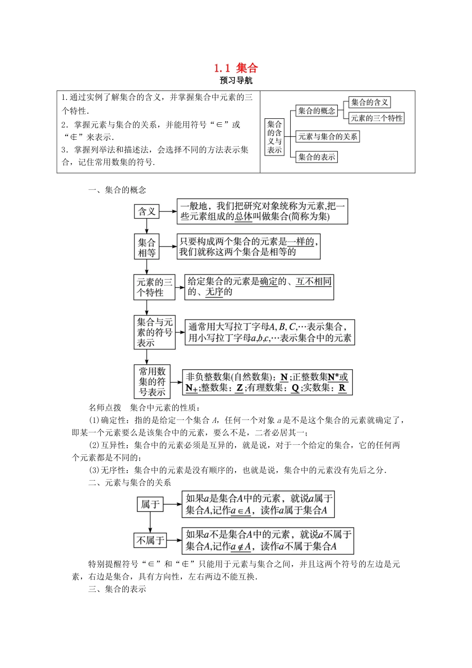 高中数学 第一章 集合与函数概念 1.1 集合第1课时预习导航学案 新人教A版必修1-新人教A版高一必修1数学学案_第1页