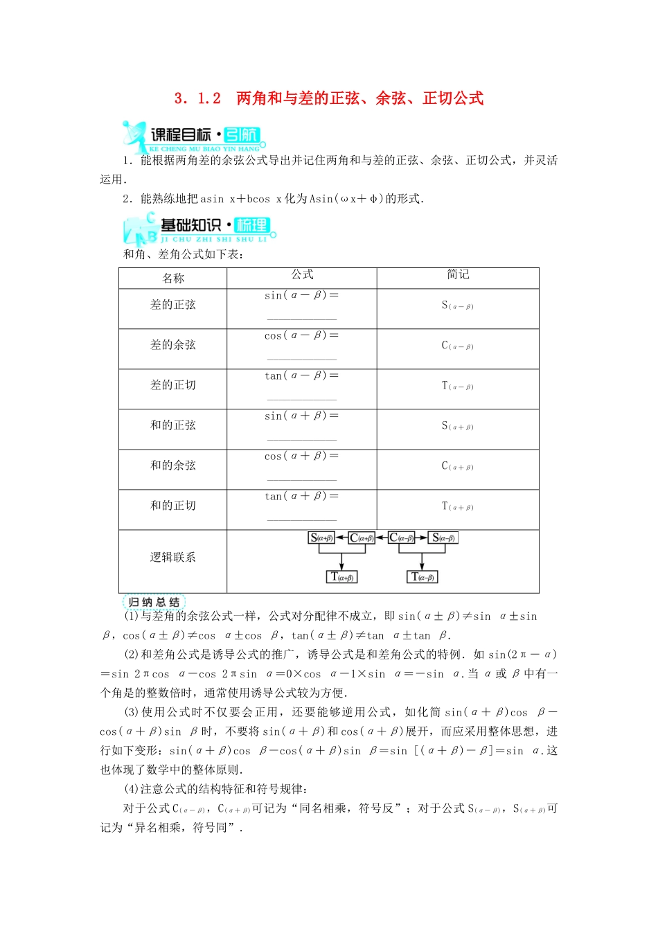 高中数学 第三章 三角恒等变换 3.1 两角和与差的正弦、余弦和正切公式 3.1.2 两角和与差的正弦、余弦、正切公式导学案 新人教A版必修4-新人教A版高一必修4数学学案_第1页