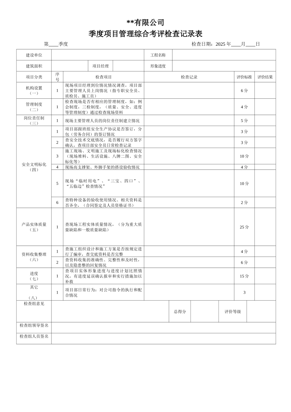 浙江某公司项目管理综合考评检查记录_第1页