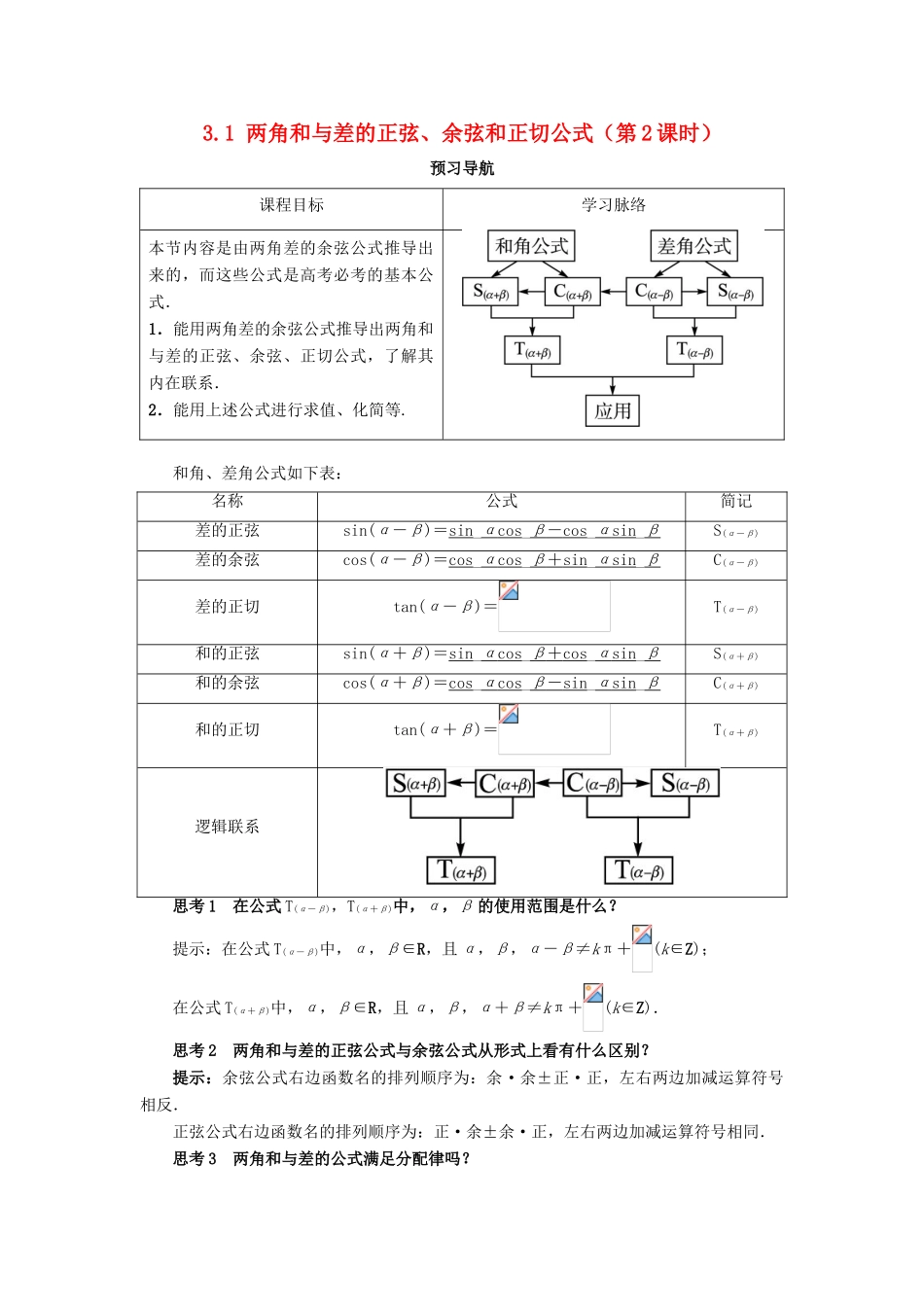 高中数学 第三章 三角恒等变换 3.1 两角和与差的正弦、余弦和正切公式（第2课时）预习导航学案 新人教A版必修4-新人教A版高一必修4数学学案_第1页