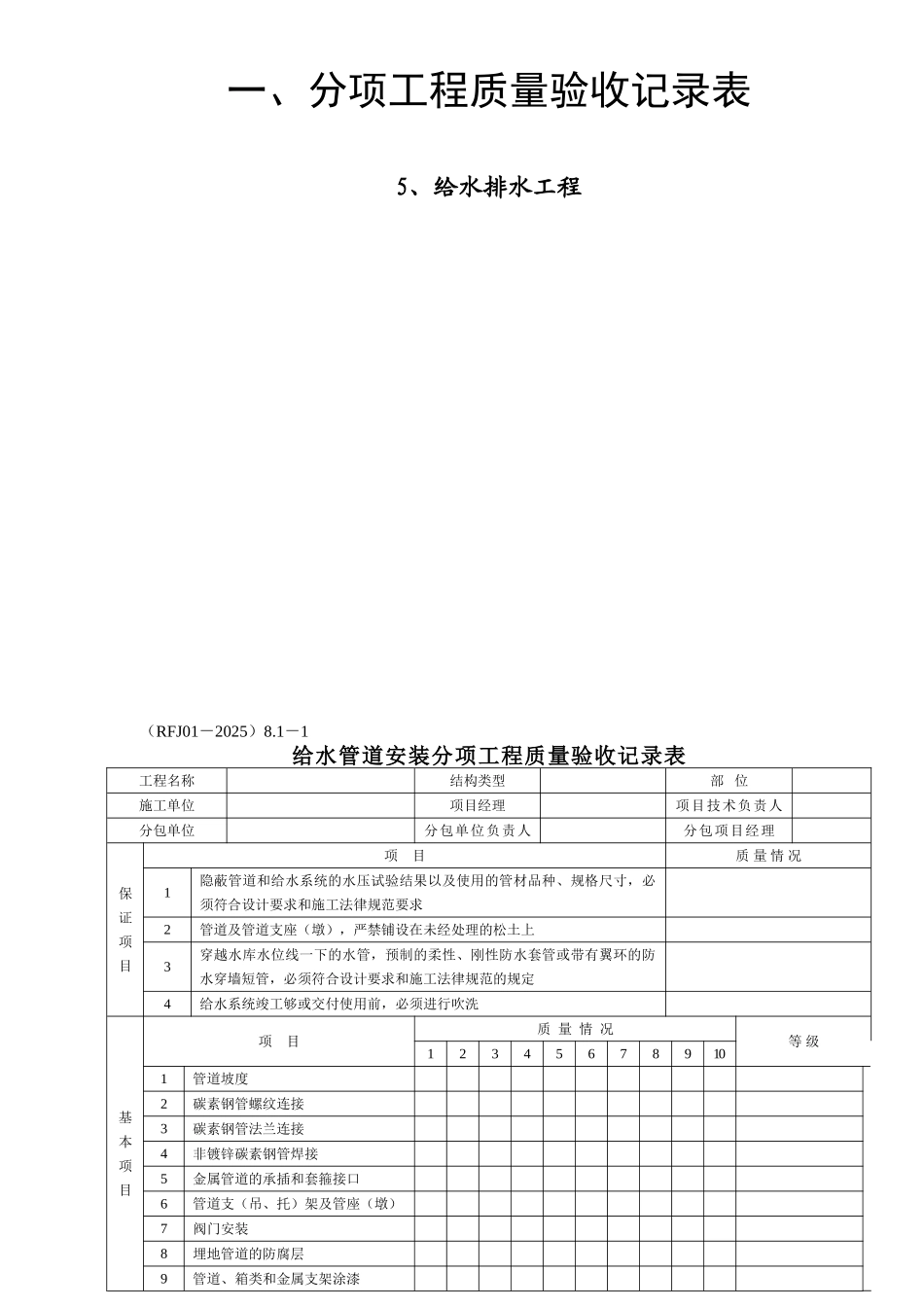 浙江省人防工程给排水部分验收检验表格资料_第1页