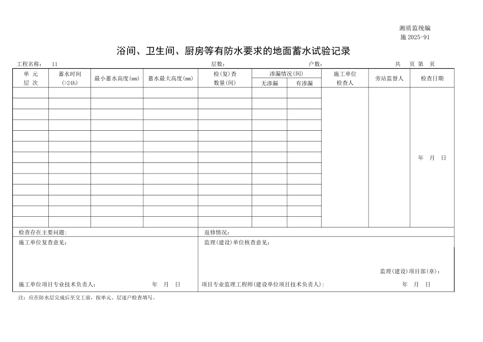 浴间、卫生间、厨房等有防水要求的地面蓄水试验记录_第1页