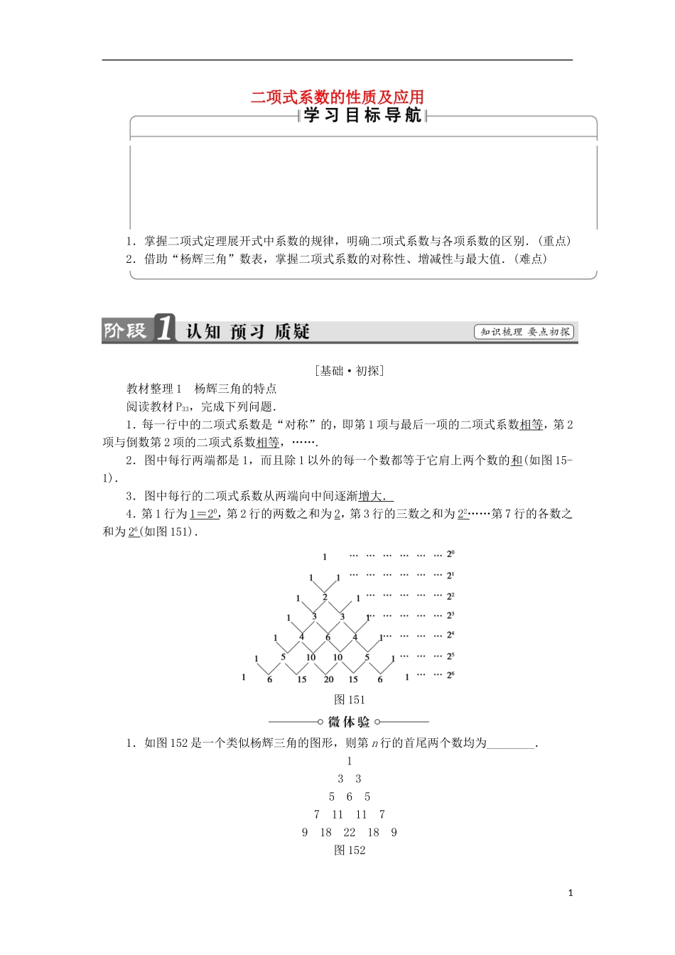 高中数学 第一章 计数原理 1.5.2 二项式系数的性质及应用学案 苏教版选修2-3-苏教版高二选修2-3数学学案_第1页