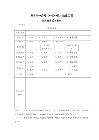 海宁市某公路改建工程资格后审表